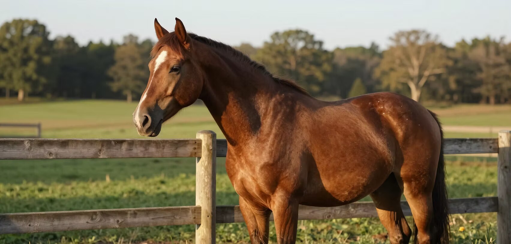 A horse at a paddock fence in evening light